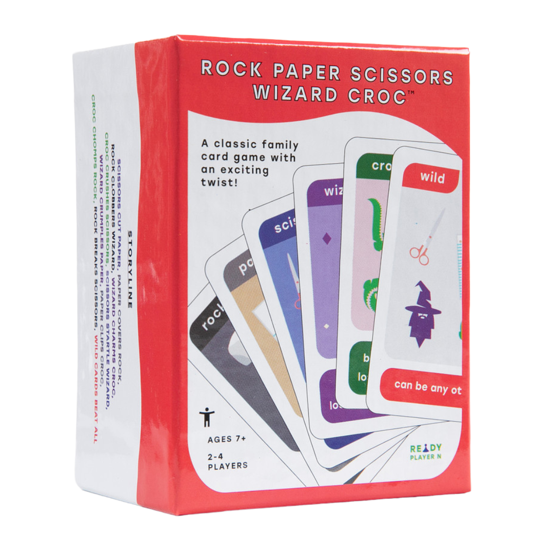 Rock Paper Scissors Wizard Croc card game box with playing cards on a white background