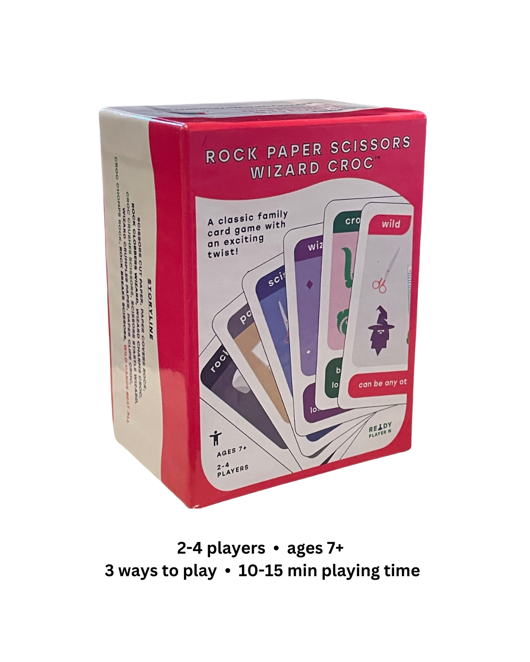 Photo of red Rock Paper Scissors Wizard Croc game box with splayed cards and note that game is for 2-4 players aged 7+ and has a 10-15 min playing time
