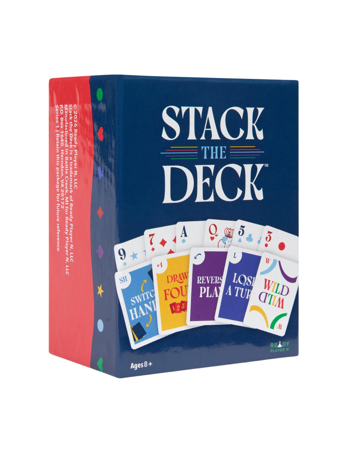'Stack the Deck' game box with colorful card illustrations on a white background