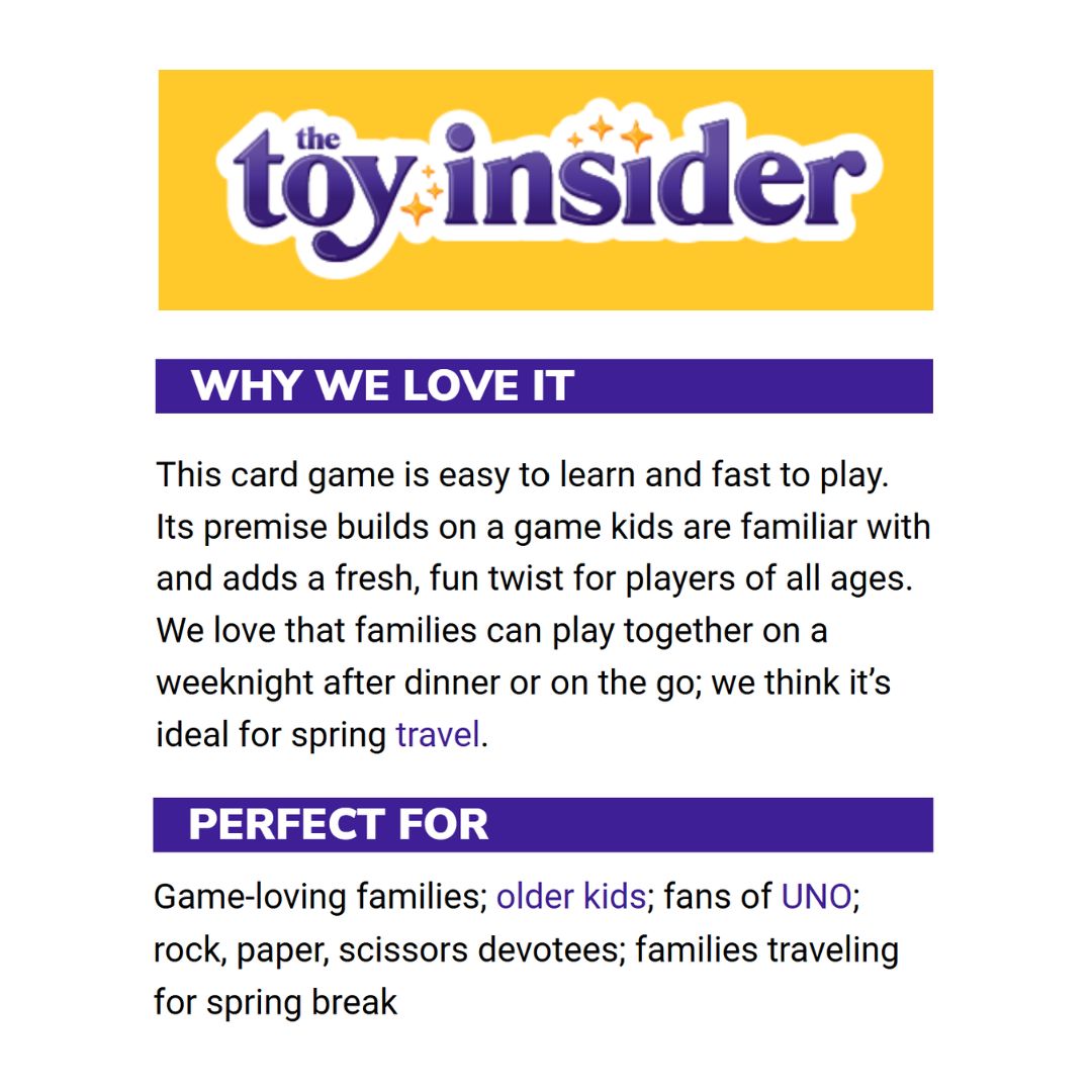 Review of a card game by The Toy Insider with text about its appeal and features—perfect for game-loving families