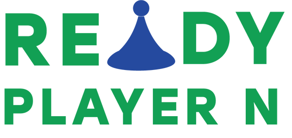 Ready Player N logo, words in green font, blue meeple replaces the A in the word Ready